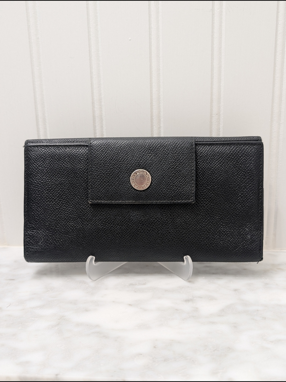 Bvlgari Black Saffiano Leather Trifold Long Snap Wallet